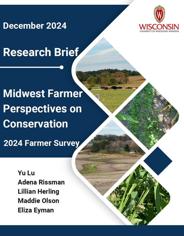 Image of the front cover of the report, Midwest Farmer Perspectives on Conservation. Image contains the title, authors, and four photos of Midwest agriculture.